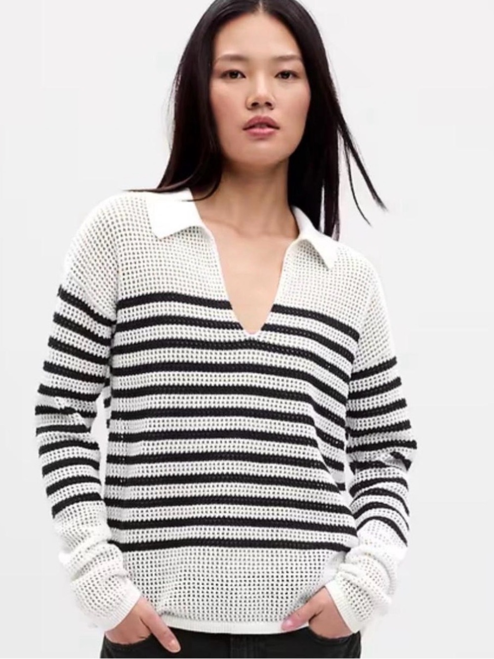 GAP Relaxed Stripe Crochet Collared Sweater